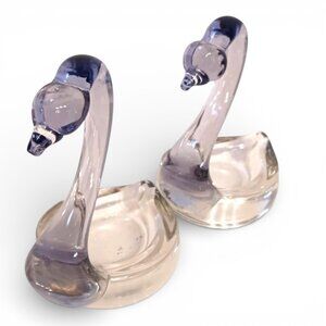 Vintage Art Glass Swan Votive Pair Clear & Lavender Amethyst Jaffe Rose Style